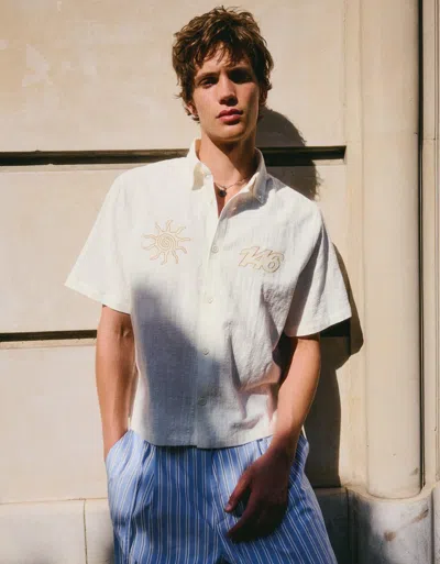 Bershka Embroidered Short Sleeve Boxy Fit Shirt In White