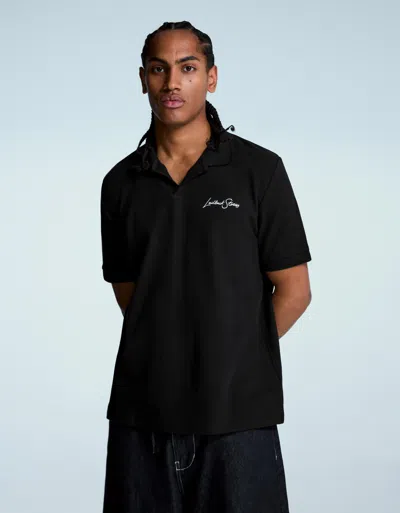 Bershka Embroidered Short Sleeve Polo Shirt In Black