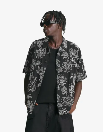 Bershka Embroidered Short Sleeve Shirt In Black