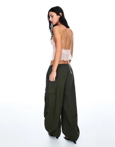 Bershka Embroidered Strappy Crop Top In Green