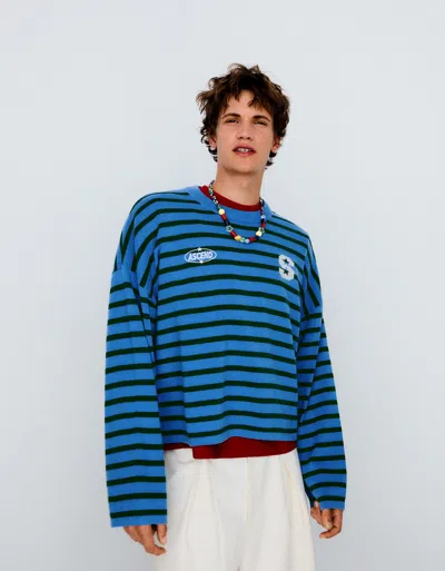 Bershka Embroidered Striped Boxy Fit Sweater In Blue