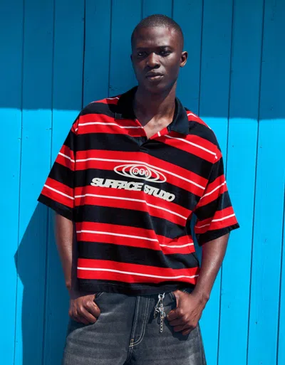 Bershka Embroidered Striped Short Sleeve Polo Shirt In Red