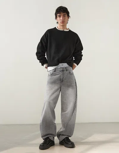 Bershka Embroidered Super Baggy Jeans In Black
