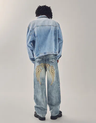 Bershka Embroidered Super Baggy Jeans In Blue