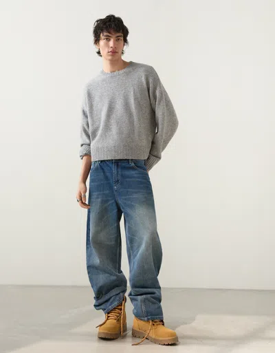 Bershka Embroidered Super Baggy Jeans In Gray