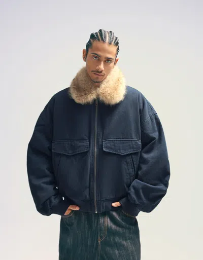 Bershka Faux Fur Collar Jacket In Blue