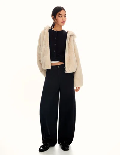 Bershka Faux Fur Hooded Jacket In Black