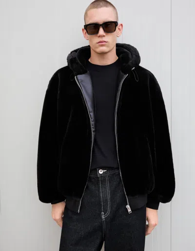 Bershka Faux Fur Hooded Jacket In Black