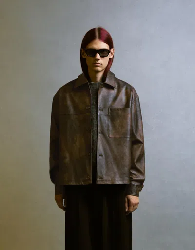 Bershka Faux Leather Boxy Overshirt In Brown