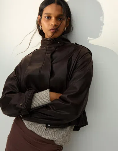 Bershka Faux Leather Pleated Jacket In Brown