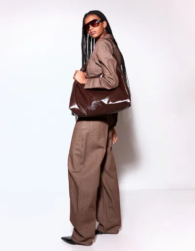 Bershka Faux Patent Bag In Brown