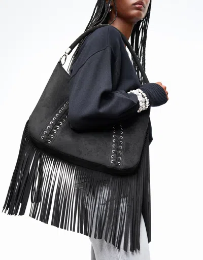 Bershka Faux Suede Bag With Fringes And Eyelets In Black