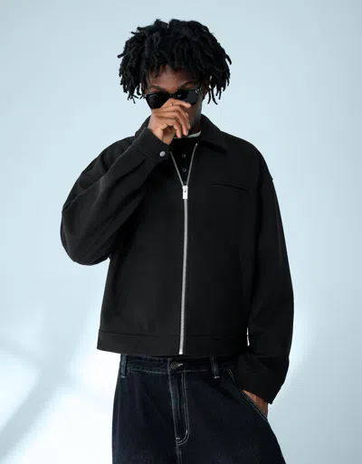 Bershka Felt Texture Zip-up Jacket In Black