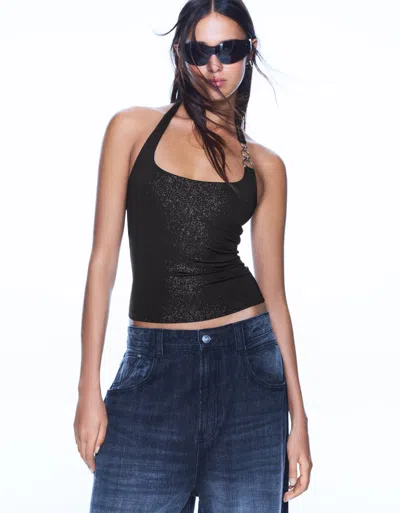 Bershka Fitted Flowy Top With Rings In Black