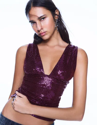 Bershka Fitted Shiny Top With Gathered Detail In Purple