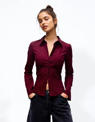 Bershka Fitted Shirt With Flared Sleeves In Burgundy
