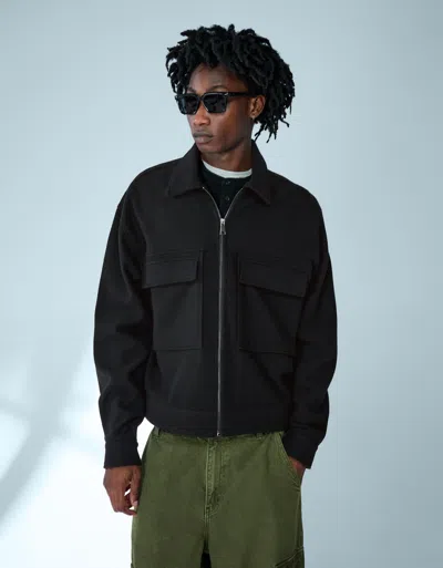 Bershka Flannel Boxy Zip-up Overshirt In Black