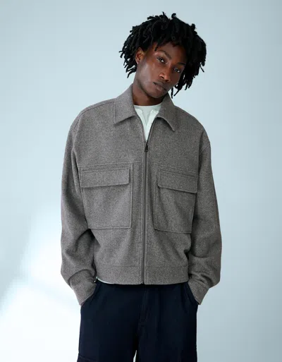 Bershka Flannel Boxy Zip-up Overshirt In Gray