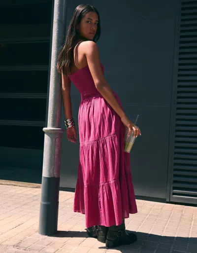 Bershka Flared Bandeau Neckline Midi Dress In Pink