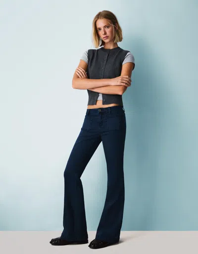 Bershka Flared Pants With Pocket Flaps In Blue