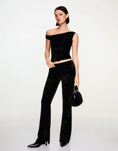 Bershka Flared Velvet Effect Trousers In Black