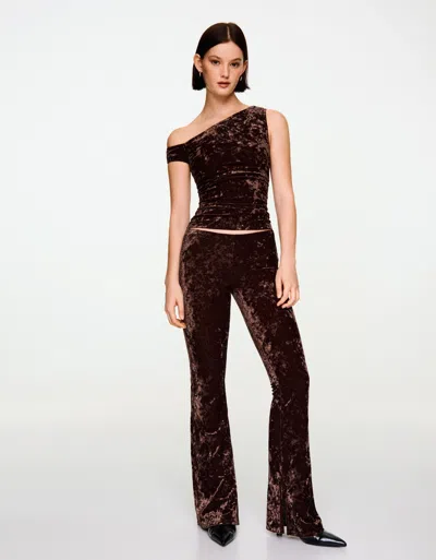 Bershka Flared Velvet Effect Trousers In Brown