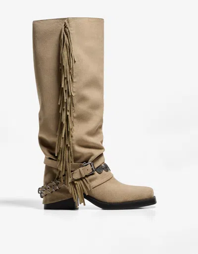 Bershka Flat Boots With Fringed Pants In Brown
