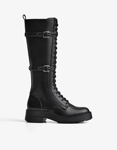 Bershka Flat Lace-up Boots With Buckles In Black