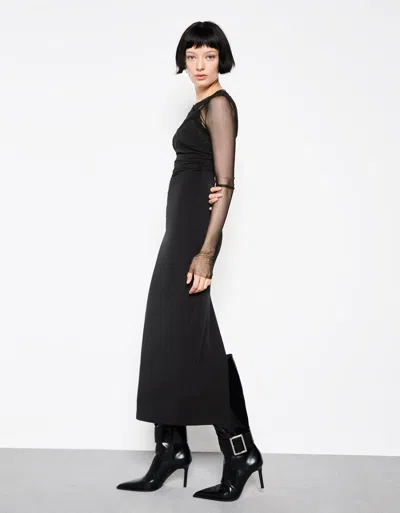 Bershka Flowing Midi Dress With Blond Lace In Black