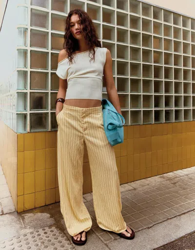 Bershka Flowing Striped Trousers In Yellow