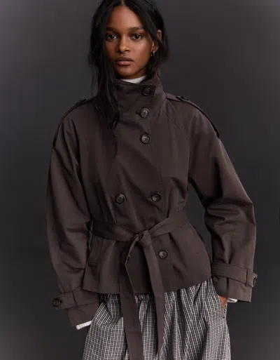 Bershka Funnel Neck Trench Jacket In Brown