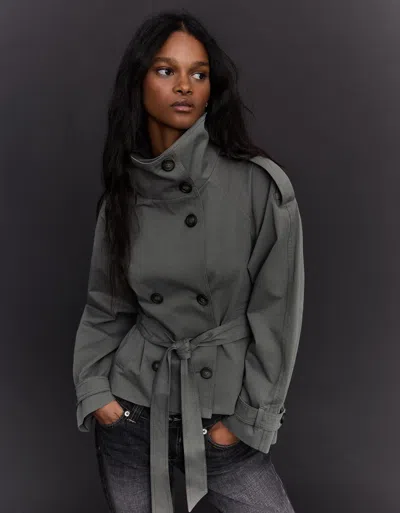 Bershka Funnel Neck Trench Jacket In Gray