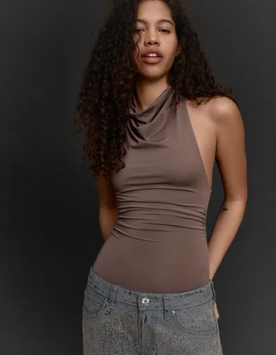 Bershka Gathered Halter Neck Bodysuit In Brown