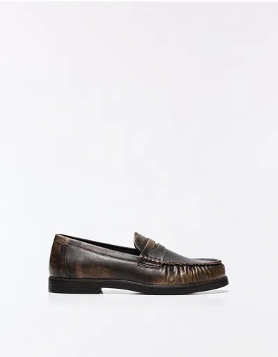 Bershka Gathered Loafer With Brushed Detail In Brown