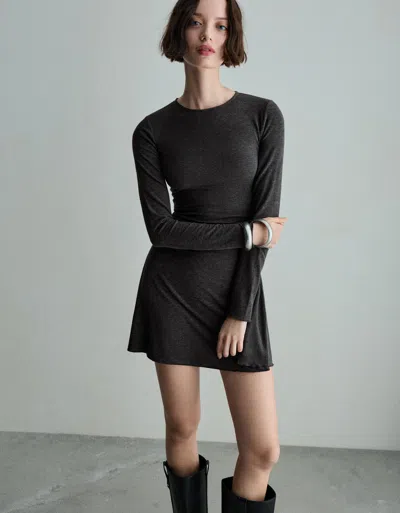 Bershka Gathered Long Sleeve Mini Dress In Black