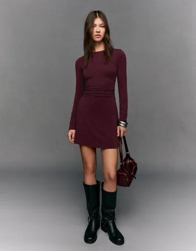 Bershka Gathered Long Sleeve Mini Dress In Burgundy