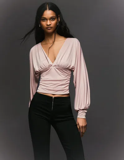 Bershka Gathered Long Sleeve Top In Multi