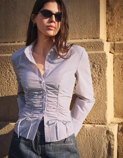 Bershka Gathered Poplin Shirt In Gray