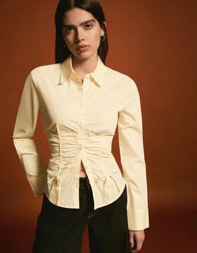 Bershka Gathered Poplin Shirt In Neutral