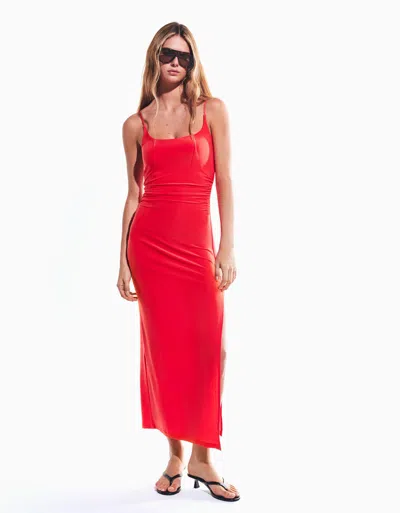 Bershka Gathered Strappy Midi Dress In Burgundy