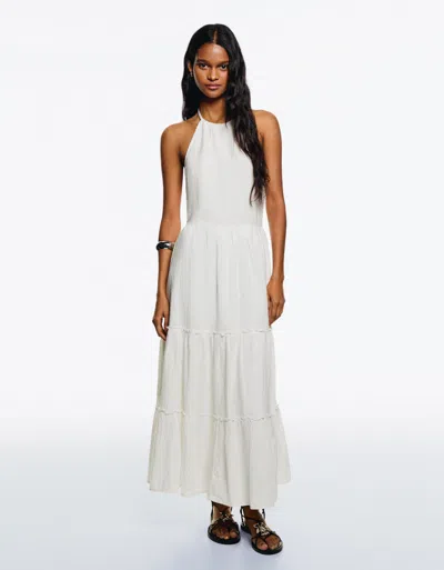 Bershka Halter Neck Midi Dress With Ruffles In White
