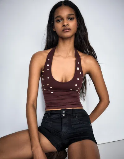 Bershka Halter Top With Buttons In Brown