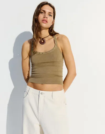 Bershka Halter Top With Eyelets In Brown