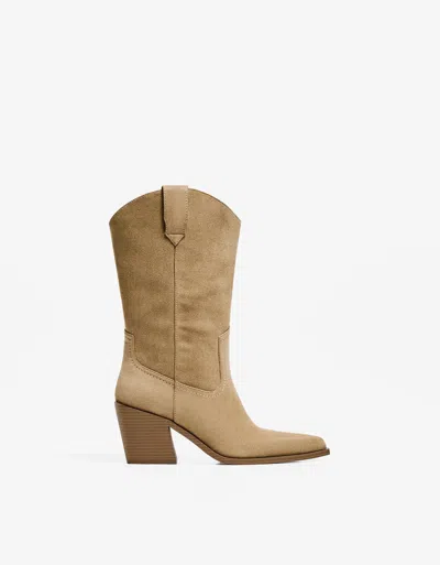 Bershka Heeled Cowboy Boots In Neutral