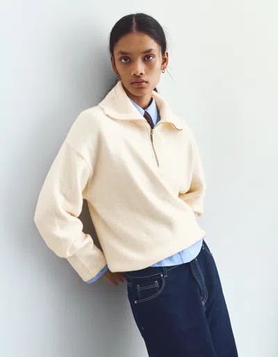 Bershka High Neck Zip-up Sweater In Neutral