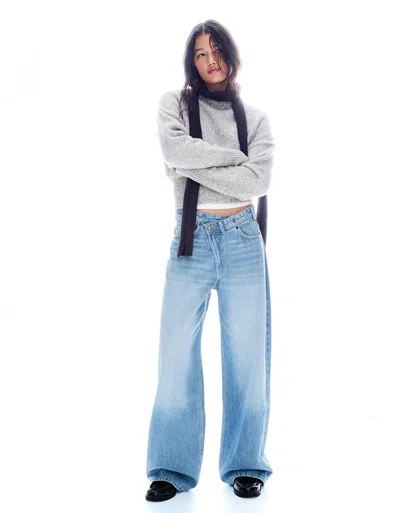 Bershka High-waist Wide-leg Jeans With Crossover Waist In White