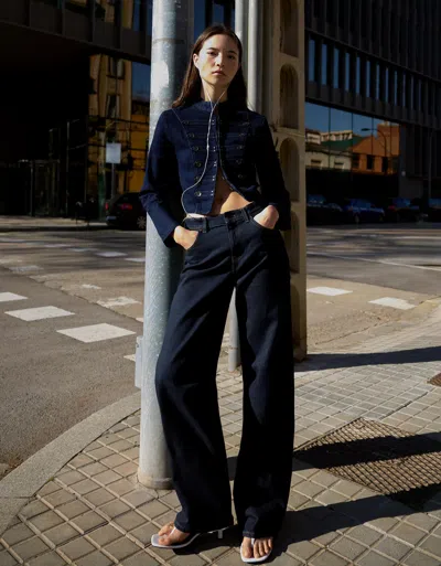 Bershka High-waist Straight Wide-leg Jeans In Blue