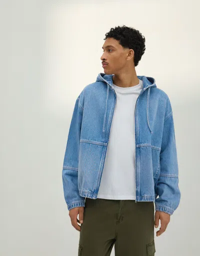 Bershka Hooded Denim Jacket In Blue