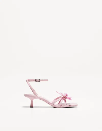 Bershka Kitten Heel Sandals With Floral Detail In Pink