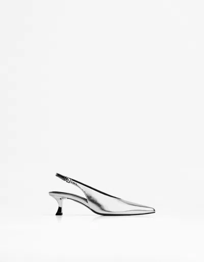 Bershka Kitten Heel Slingback Shoes In Silver